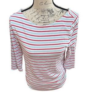 GAP Women's 3/4 Sleeve Boatneck Top - Red, Aqua and White Stripes